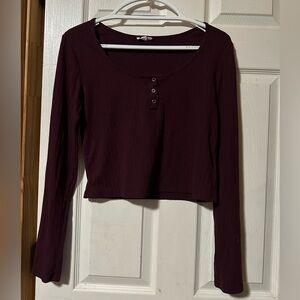 Ardene Burgundy Maroon Ribbed Buttoned Long Sleeve Crop Top